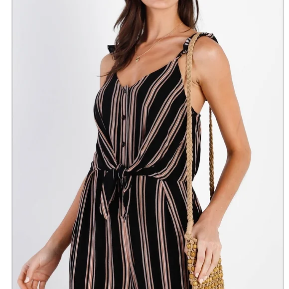 SUGAR+LIPS Boho Chic Black Striped Front Knot Relaxed Fit Jumpsuit - Picture 3 of 5